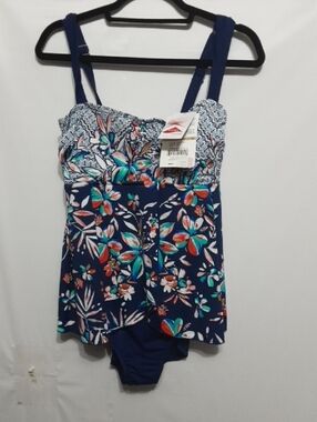 Maxin L9 Hie Draped Back Strap Navy Floral Tankini One-Piece Swimsuit
